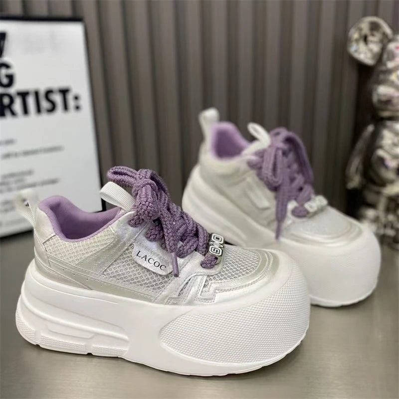 Women's Summer Footwear Mesh Breathable Platform Trainers Woman White Shoes Sweet Big-headed Lace-up Walking Shoes tenisfeminino