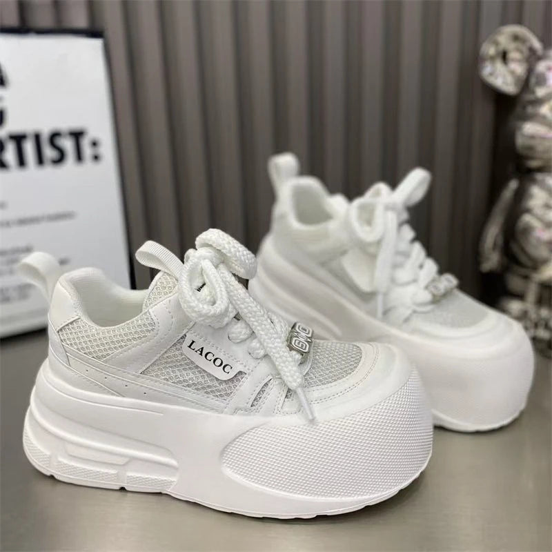 Women's Summer Footwear Mesh Breathable Platform Trainers Woman White Shoes Sweet Big-headed Lace-up Walking Shoes tenisfeminino